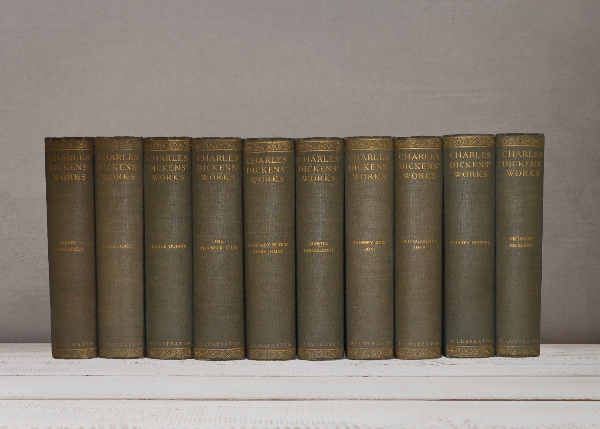 Antique Cloth Bound Book Décor – 1.5 Feet Olive Green & Gold – Charles Dickens’ Works - Brookfield Books