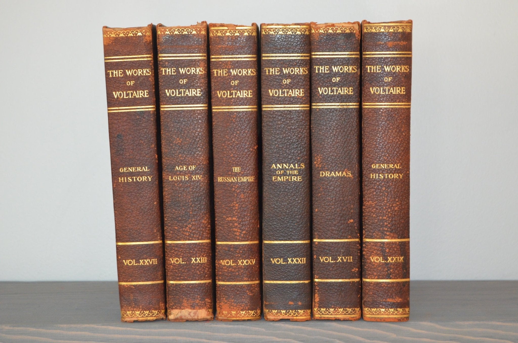 Antique Leather Bound Book Décor – 8” Brown & Gold - Voltaire - Brookfield Books