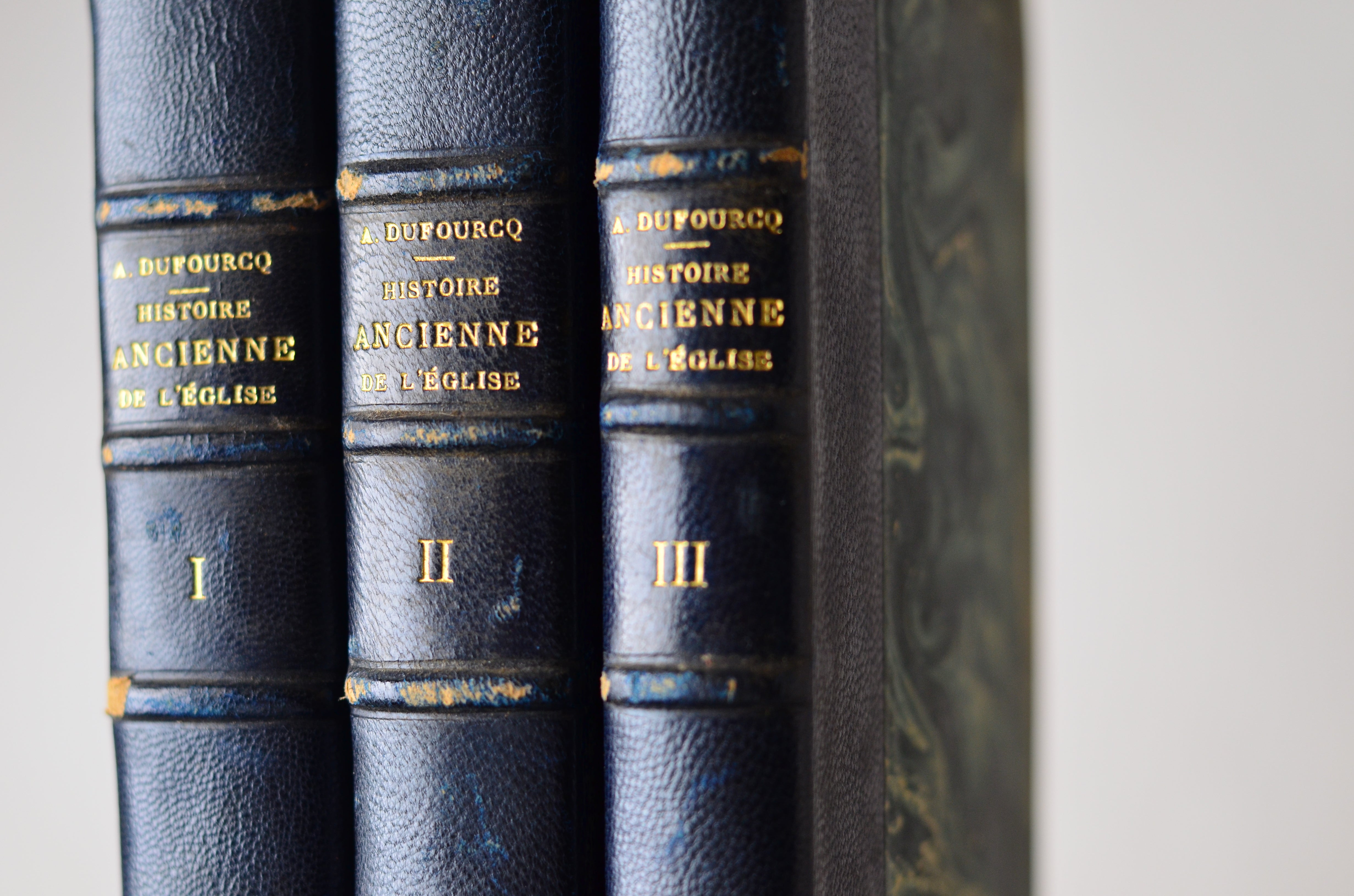 Antique Leather Bound Book Decor - Navy Blue, Histoire Ancienne de L'Eglise c. 1890