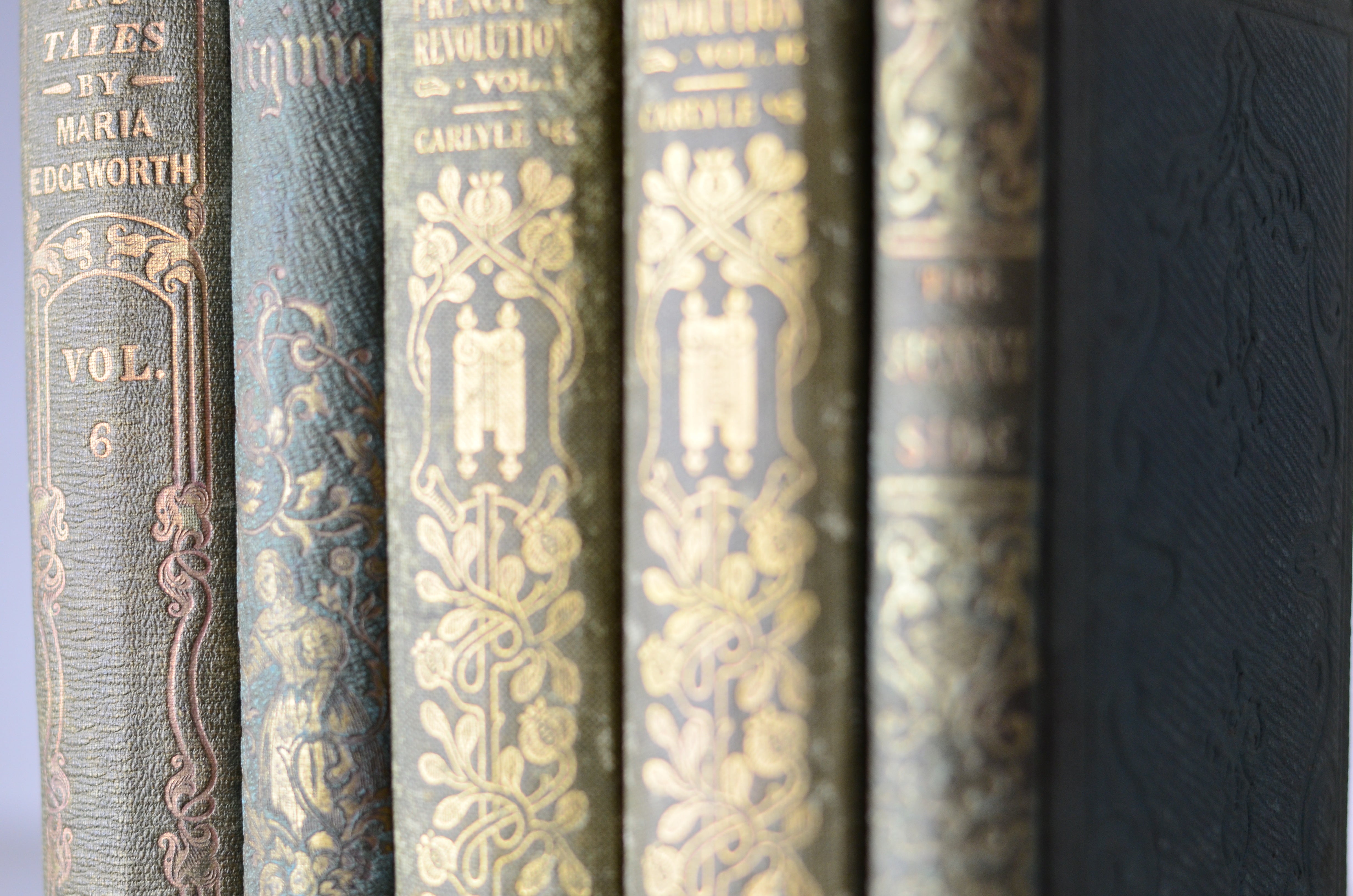 Green Antique Cloth Book Set – 5 Books, Maria Edgeworth, Thomas Carlyle