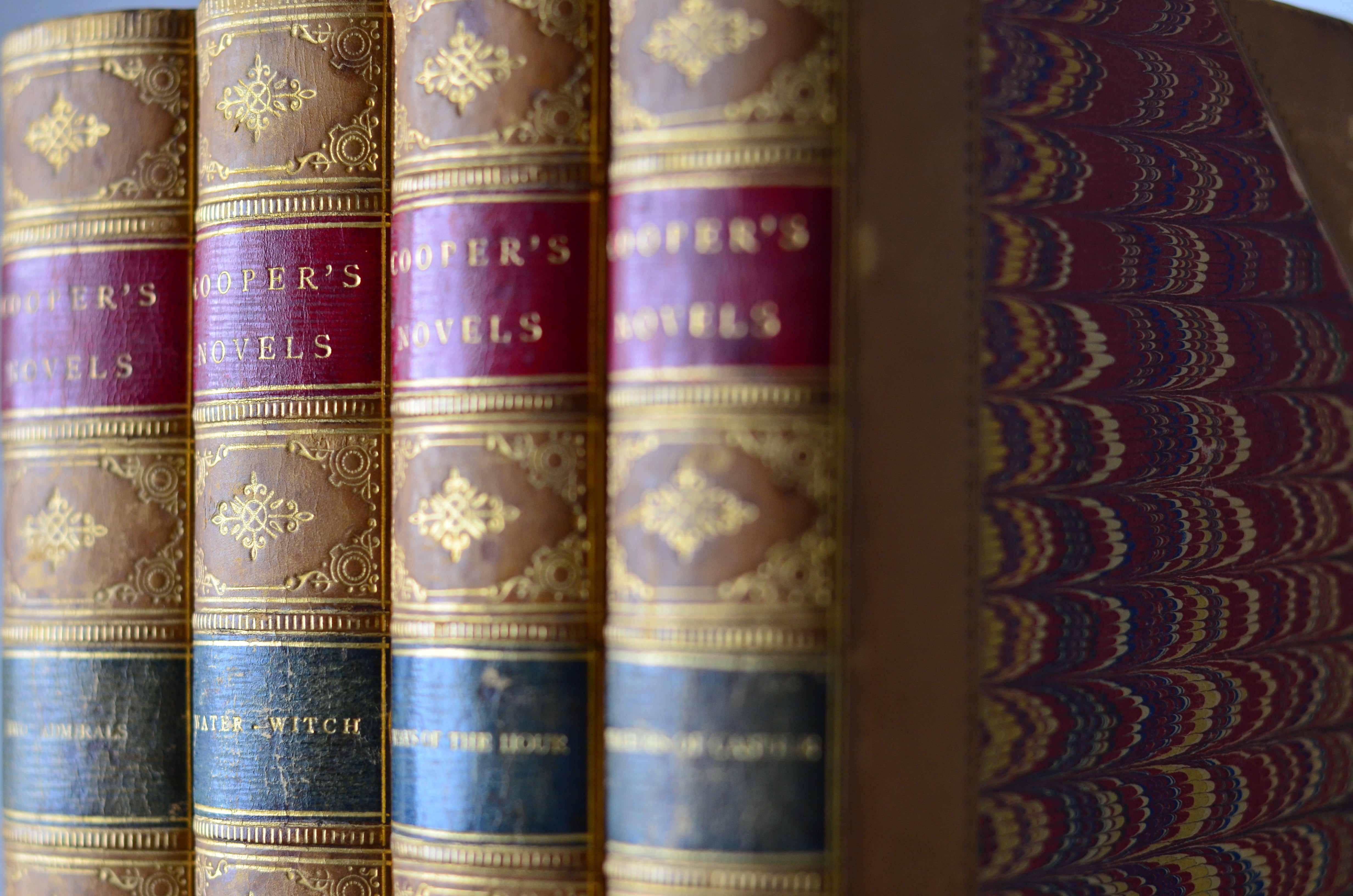 Antique Leather Bound Book Decor - Brown, Tan, James Fenimore Cooper 1872