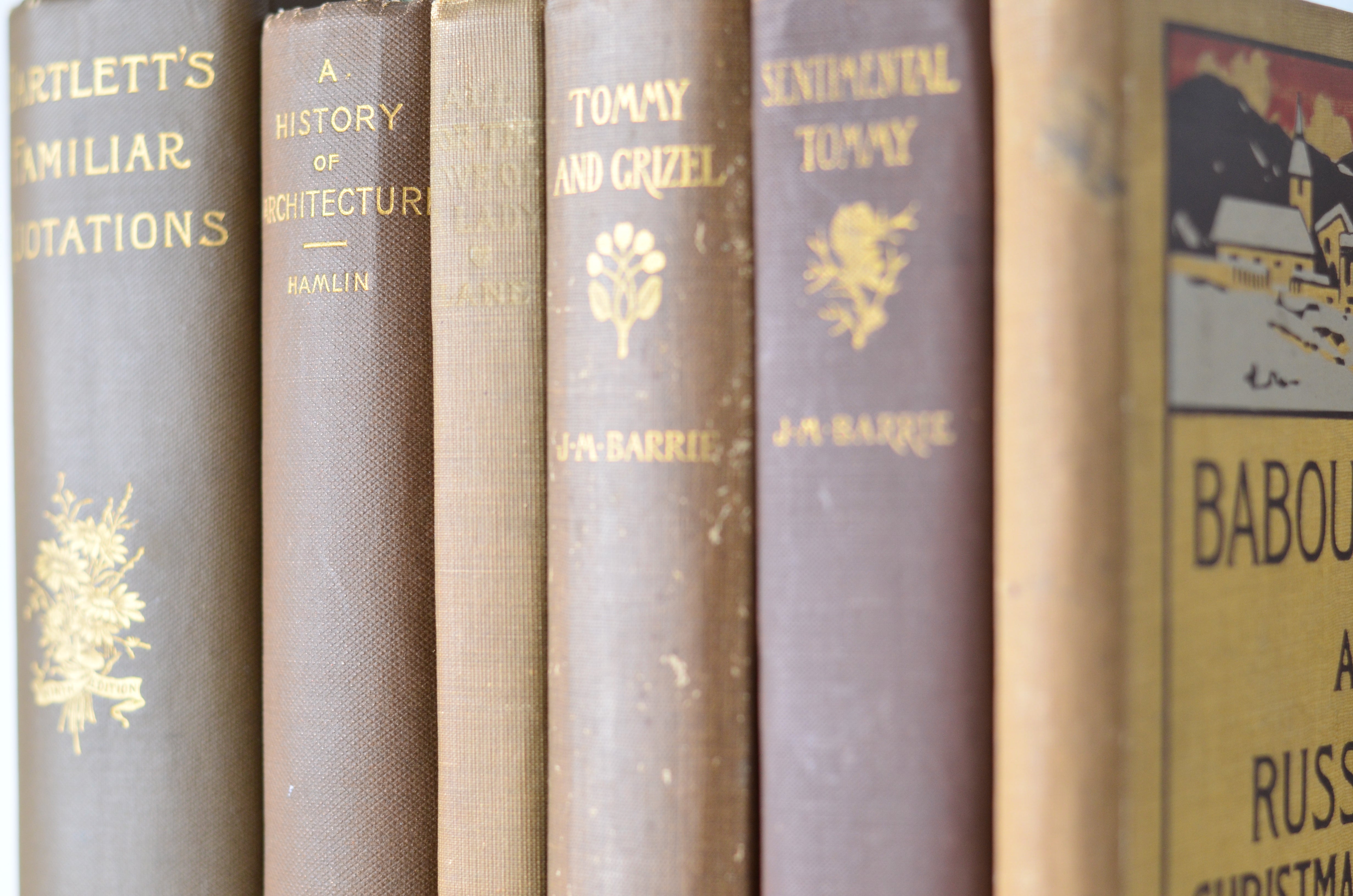 Light Brown Antique Cloth Book Set – 6 Books, J. M. Barrie, Bartlett's Quotations