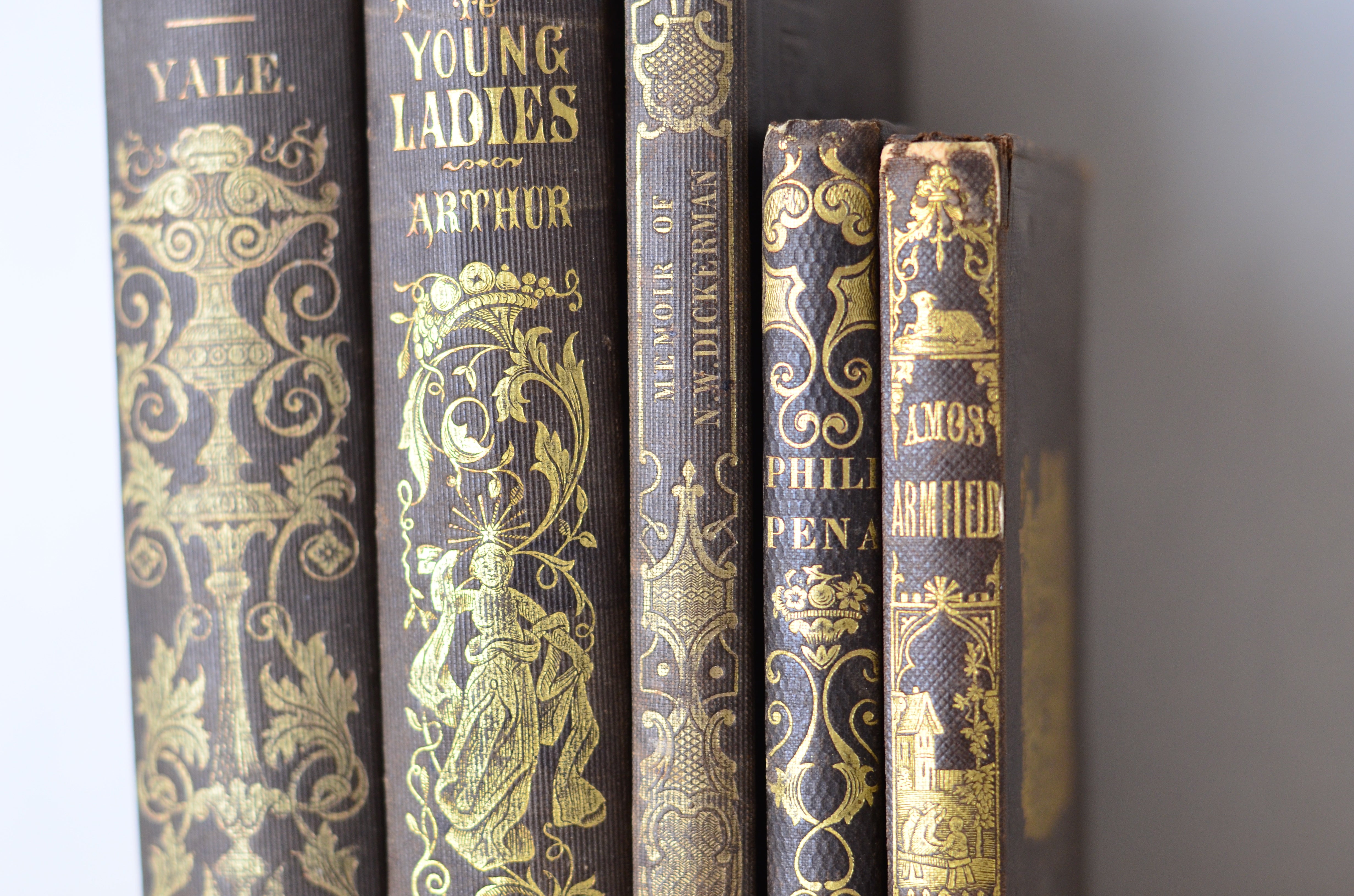Dark Brown Antique Cloth Book Set – 5 Books, Early 1800s, Decorative