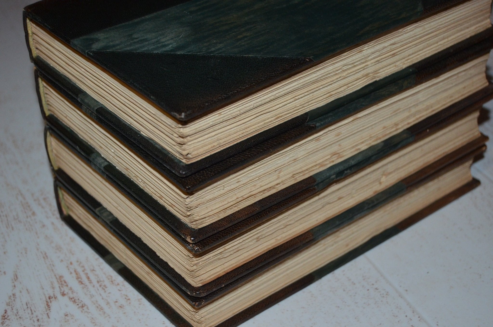 Dark Brown Antique Leather Book Set – 4 Books, Honore de Balzac, Fleur de Lis