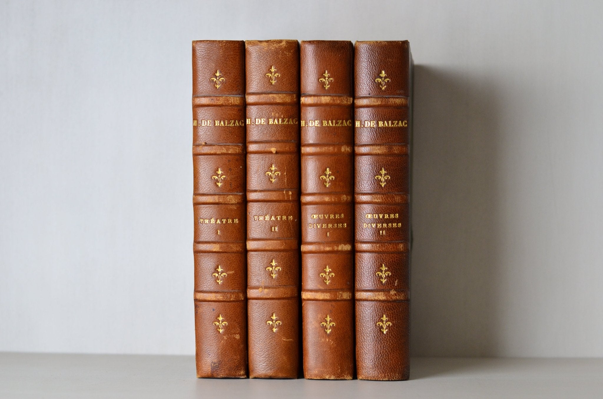 Dark Brown Antique Leather Book Set – 4 Books, Honore de Balzac, Fleur de Lis