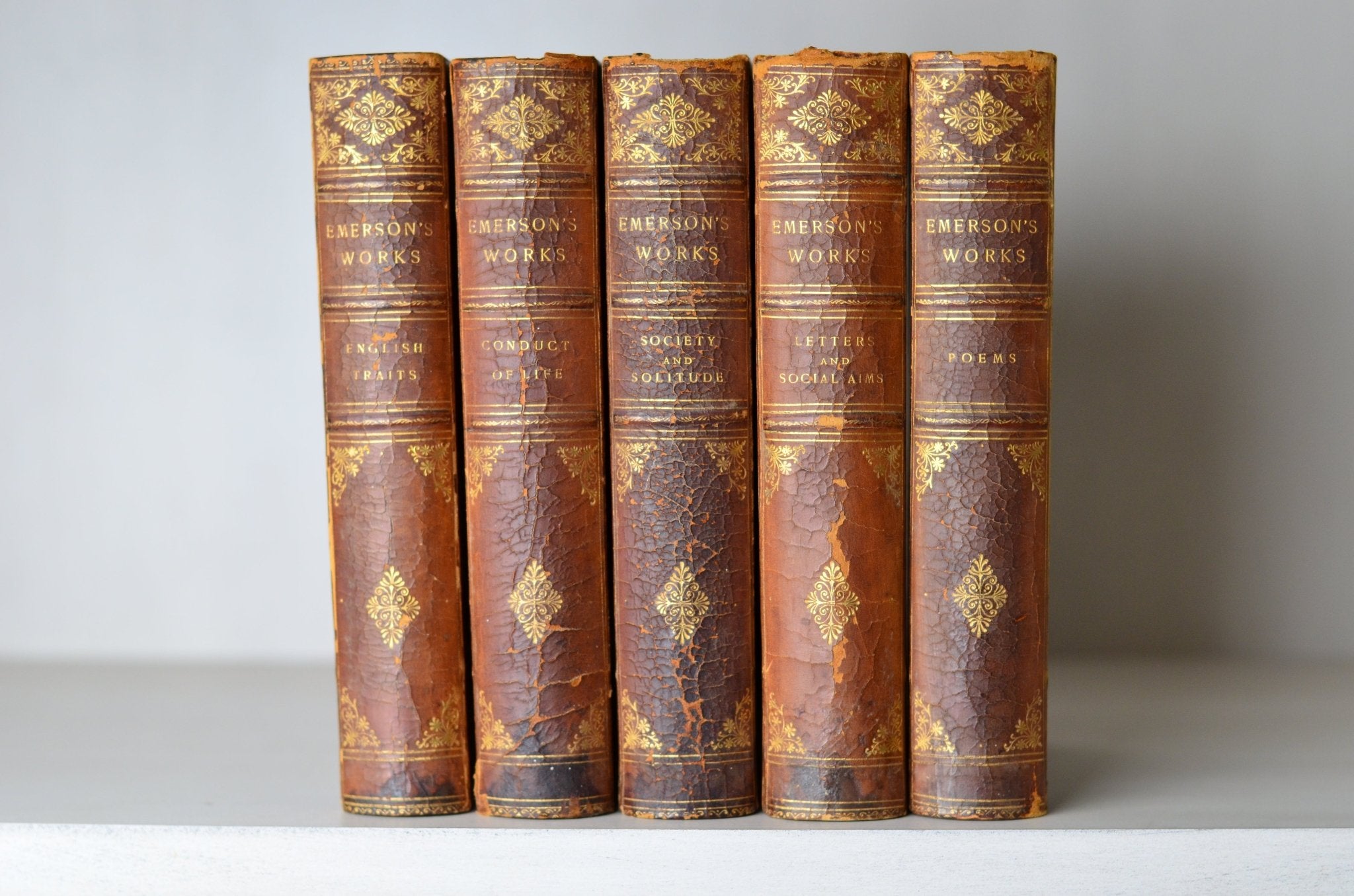 Antique Leather Bound Book Decor - Brown, Selected Works of Ralph Waldo Emerson 1883 - Brookfield Books