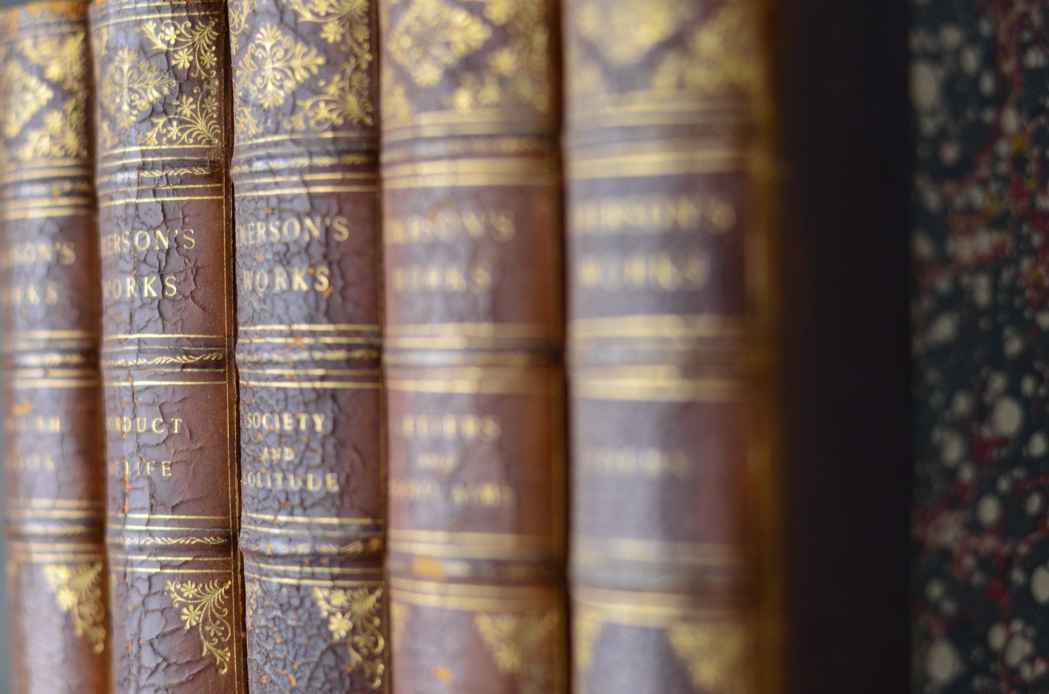 Antique Leather Bound Book Decor - Brown, Selected Works of Ralph Waldo Emerson 1883 - Brookfield Books