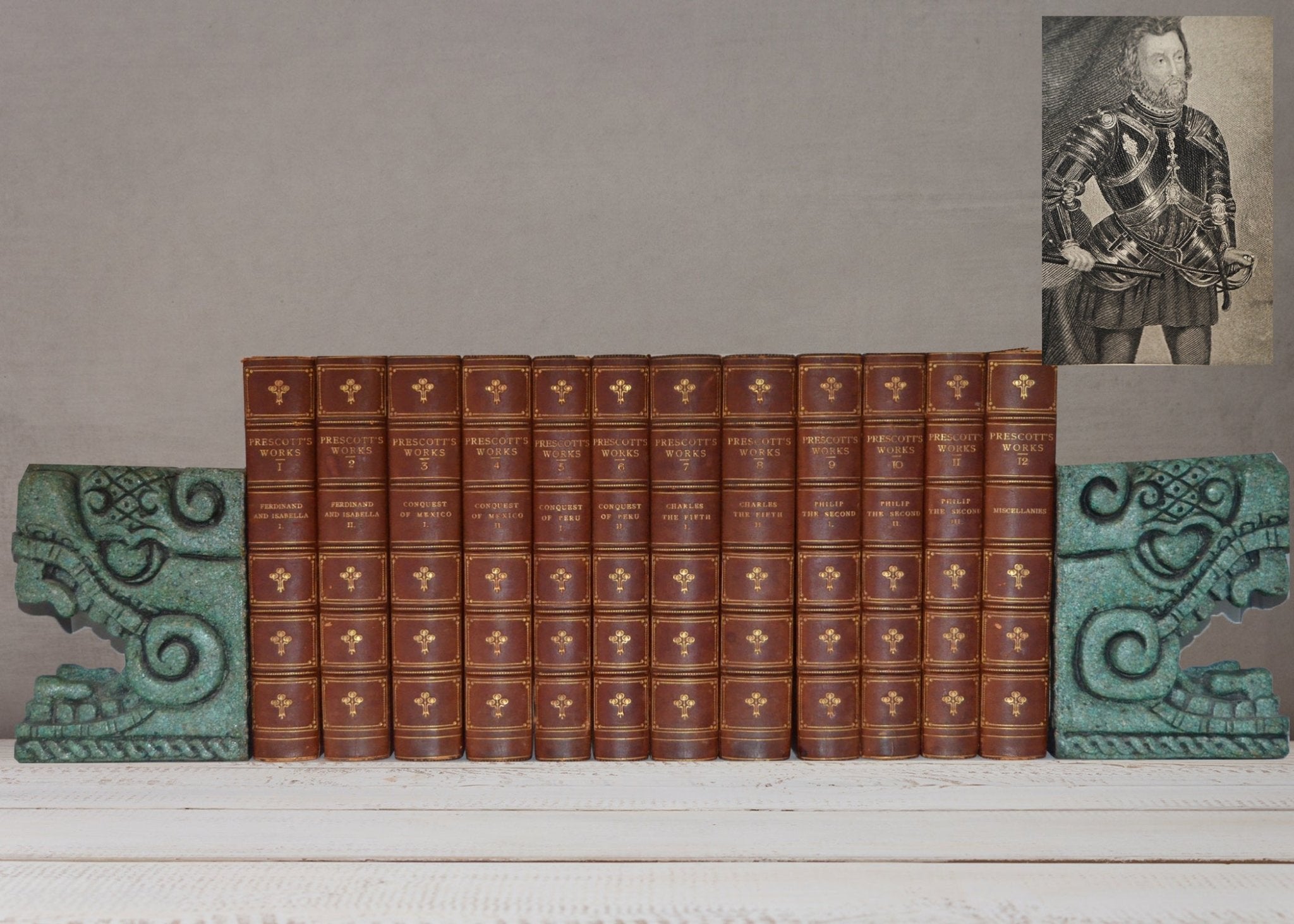 Antique Leather Bound Complete Works of William Prescott 1900 - Peru Mexico with Bookends - Brookfield Books